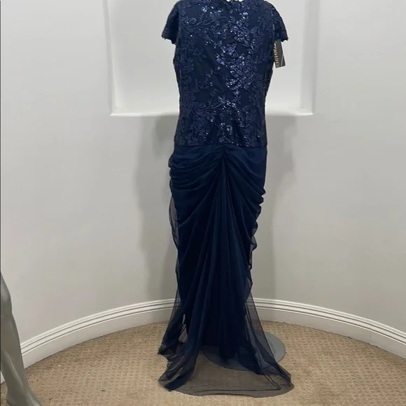 Tadashi Shoji Too Navy Embroidered Lace Evening Gown Tulle Skirt Size 16 Q   NWT - Picture 3 of 16